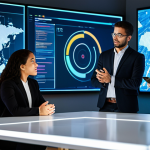 A diverse group of young professionals in modest, contemporary business casual attire, engaged in a dynamic discussion around a sleek, modern collaborative workspace. Large holographic displays in the background show intricate data visualizations and abstract metaverse landscapes, implying advanced digital collaboration. The scene is captured with professional studio photography, featuring soft ambient lighting, high detail, and sharp focus, with vibrant colors. Fully clothed, modest clothing, appropriate attire, safe for work, correct proportions, perfect anatomy, well-formed hands, proper finger count, natural body proportions, natural pose, family-friendly, appropriate content.