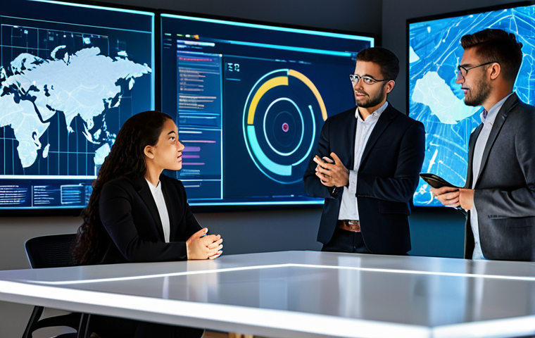 A diverse group of young professionals in modest, contemporary business casual attire, engaged in a dynamic discussion around a sleek, modern collaborative workspace. Large holographic displays in the background show intricate data visualizations and abstract metaverse landscapes, implying advanced digital collaboration. The scene is captured with professional studio photography, featuring soft ambient lighting, high detail, and sharp focus, with vibrant colors. Fully clothed, modest clothing, appropriate attire, safe for work, correct proportions, perfect anatomy, well-formed hands, proper finger count, natural body proportions, natural pose, family-friendly, appropriate content.